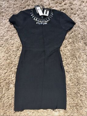 BCBGMaxAzria Black Embellished Jewel Neck Mini Dress